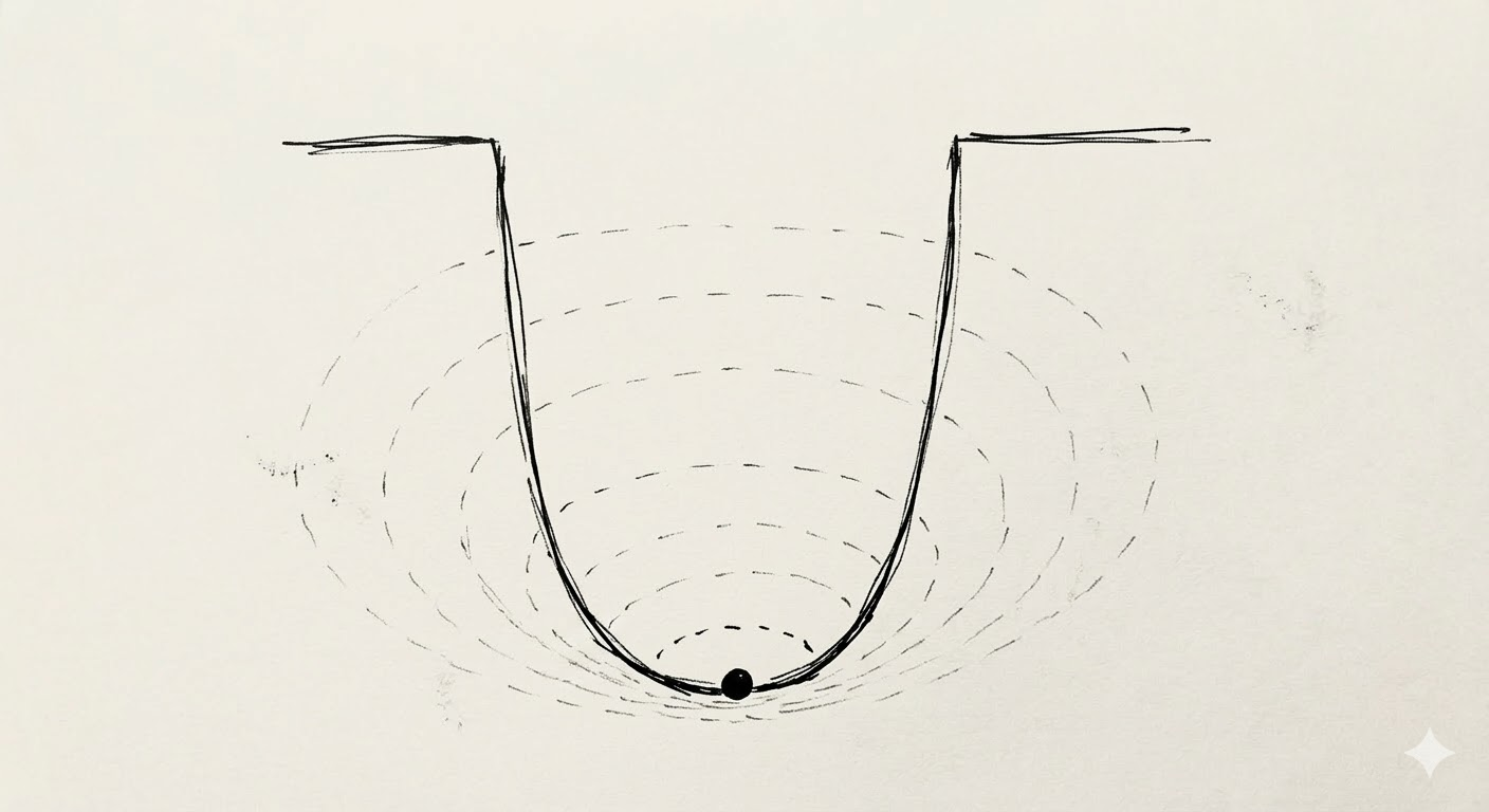 A simple cross-section of a U-shaped gravity well with a small dot sitting at the very bottom