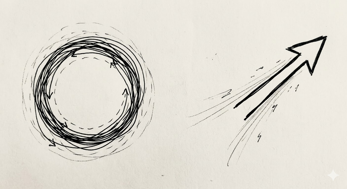 Two sketches side by side: on the left, a circular tangled loop suggesting circular motion going nowhere; on the right, a bold upward arrow with speed lines suggesting directed velocity