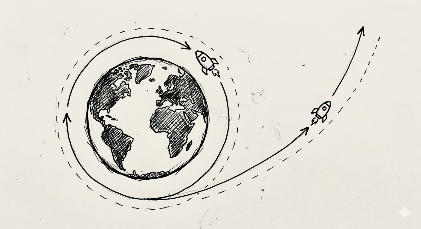 The Earth with one rocket circling in stable orbit and another breaking free along an escape trajectory