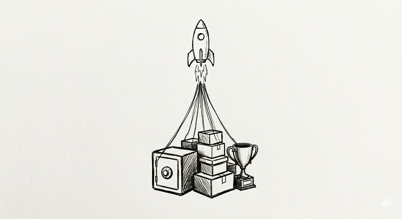 A rocket lifting off while tethered to a pile of objects — a safe, stacked boxes, and a trophy — representing the accumulated weight of organisational success